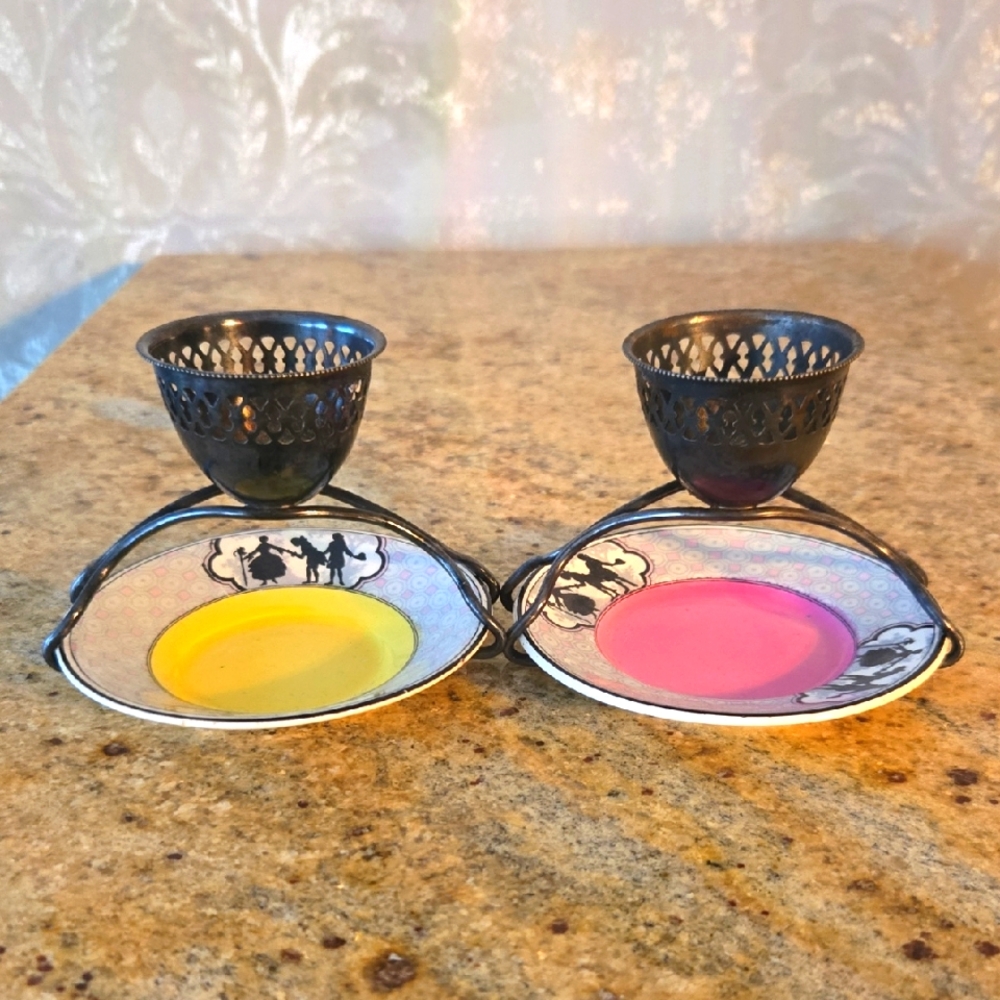 Vintage Colorful Metal Egg Cups In Ceramic Plate Made In England